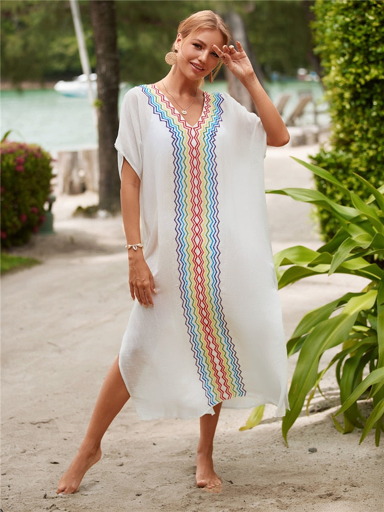 Vintage Embroidery Kaftan Sexy V-neck Batwing Sleeve High Waist Maxi Dress Tunic Women Clothing Summer Beach Dresses Q660