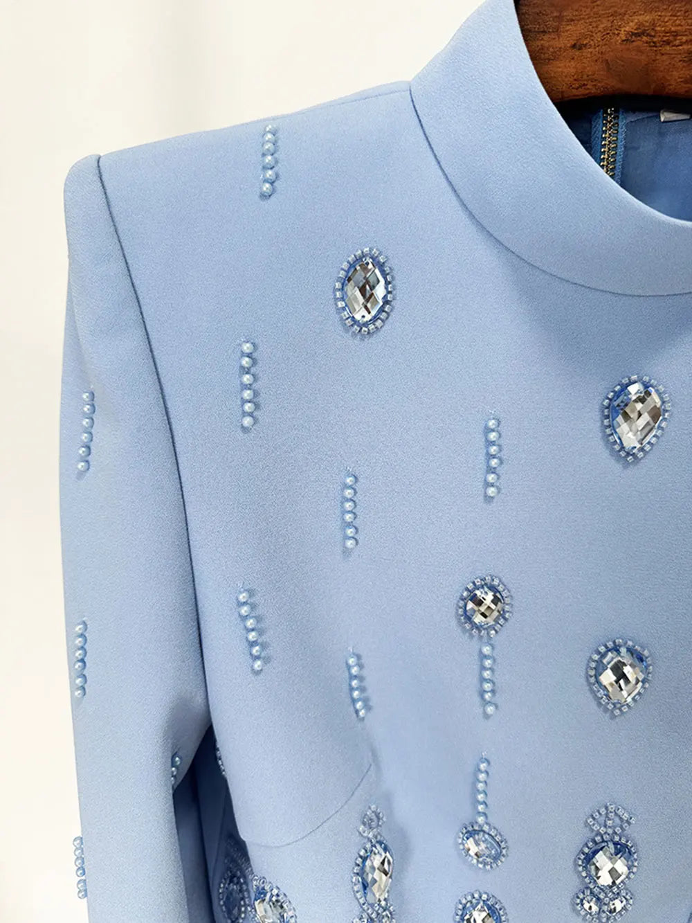 2025 Autumn Elegant Women's Nail Pearl Water Diamond Blue Skirt Sets O-neck Long Sleeve Hoodie Top+Mini Skirt Two Piece Set