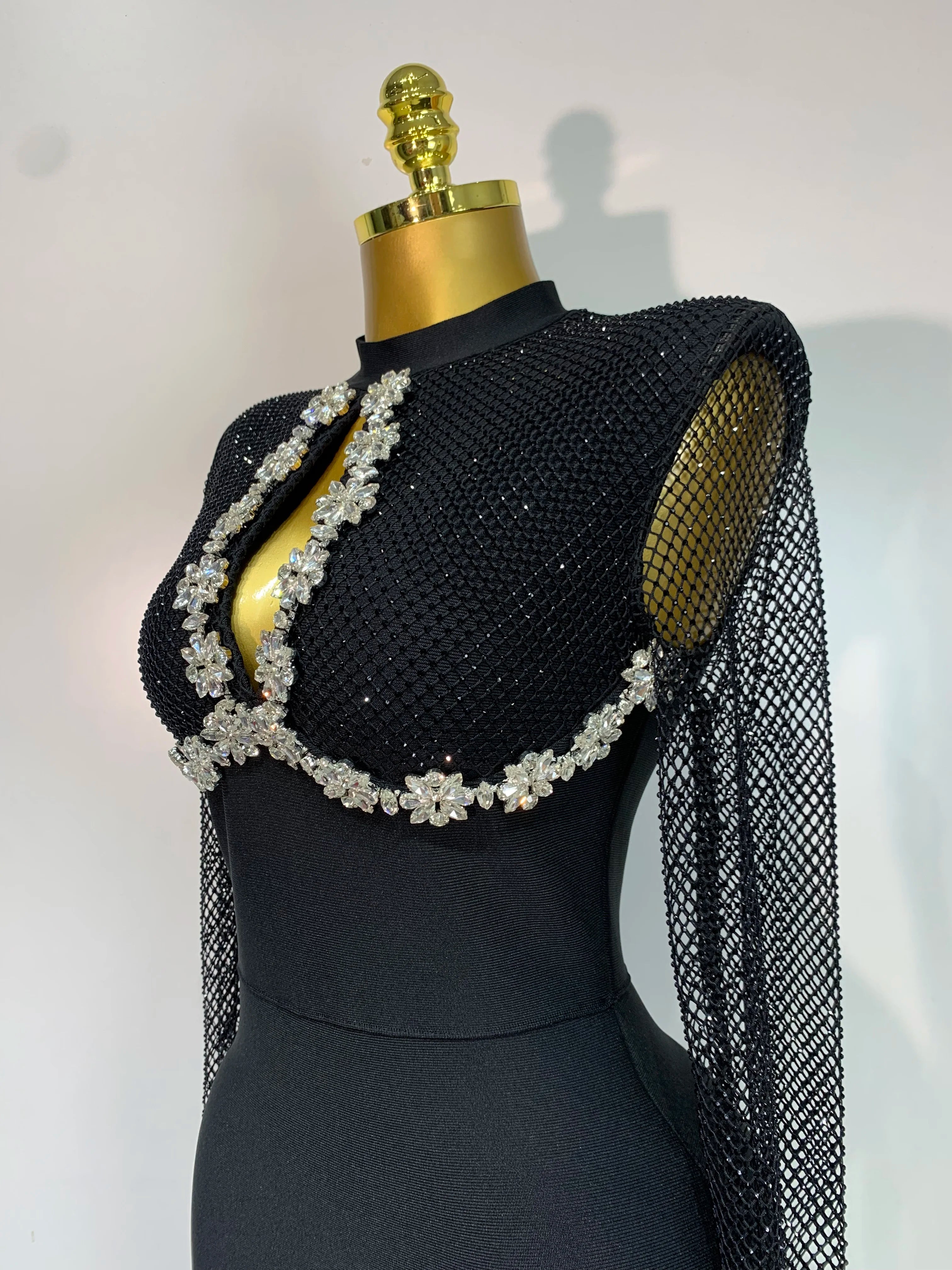 Women Sexy Long Sleeve Beading Black Maxi Long Bandage Dresses Birthday Party Celebrity Elegant Knitted Bodycon Club Dress