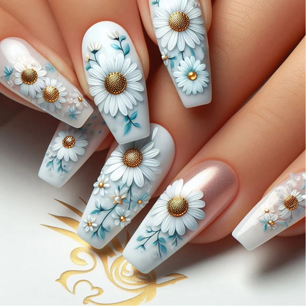 24pcs/set Meduim long fake nails for women peach flowers heart for Spring summer Square faux ongles press on false nail art tips