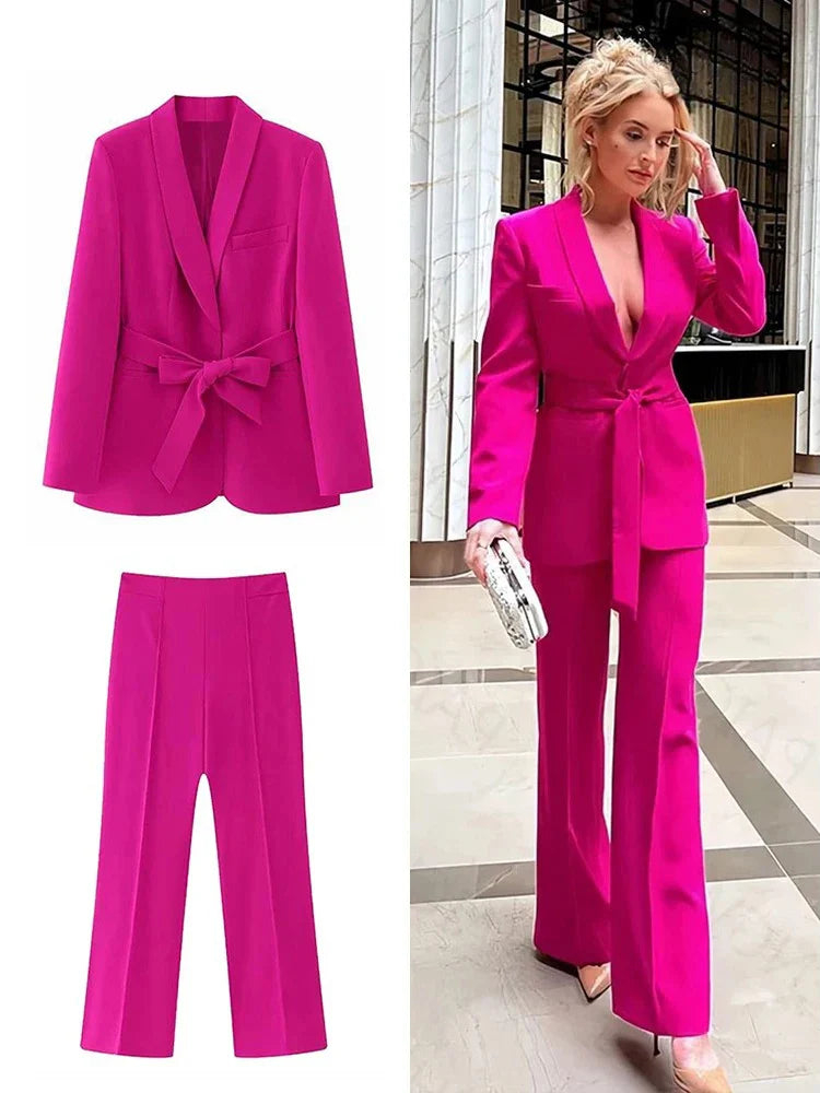 TRAFZA Women's Casual Blazer Chic Outerwear Elegant Flared Trousers Long Sleeve V-Neck Belted Office Commuter Suit Set