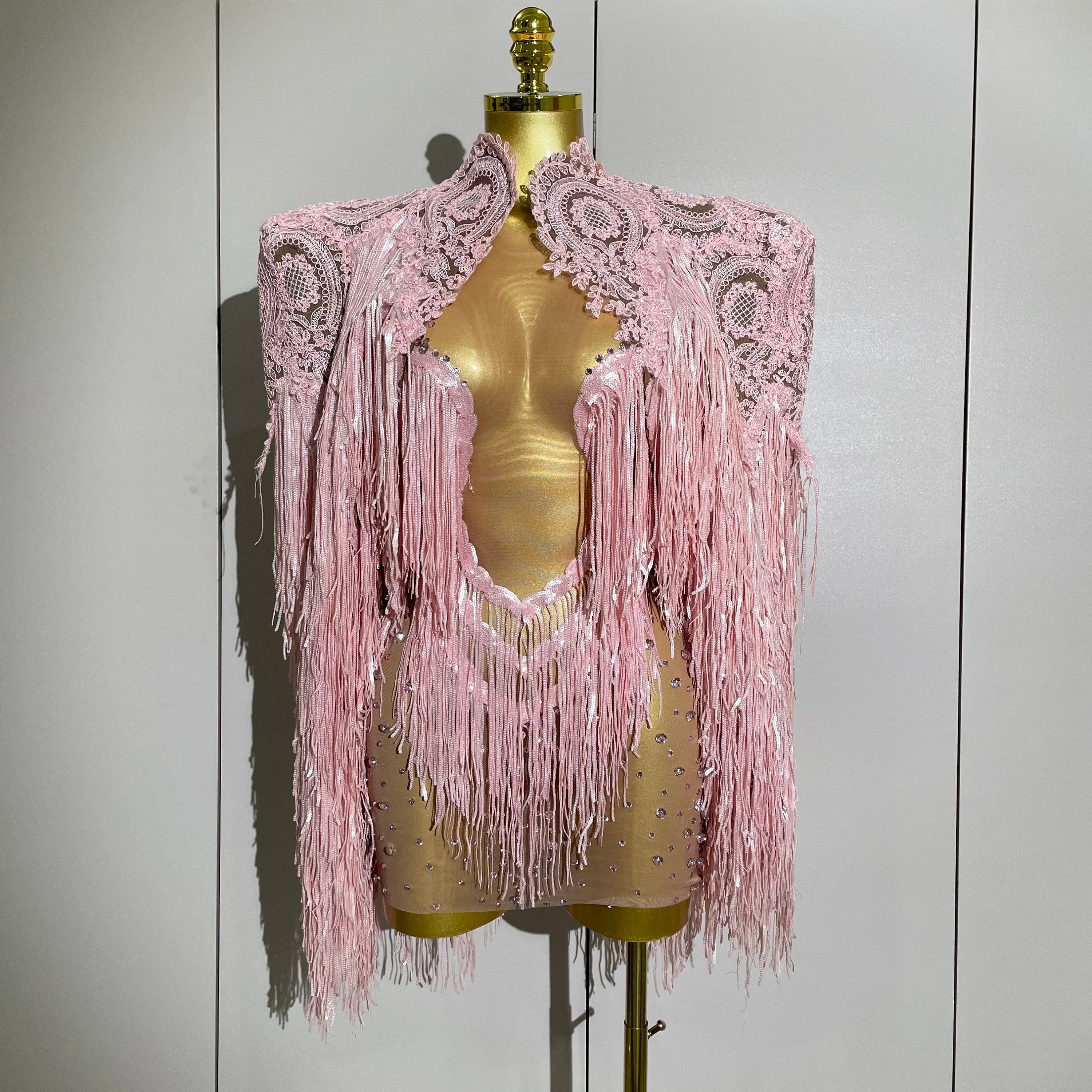 Luxury Sparkly Rhinestone Sequin Tassel Coat Skirt 2Pcs Women Birthday Party Nightclub Stage Performance Costume