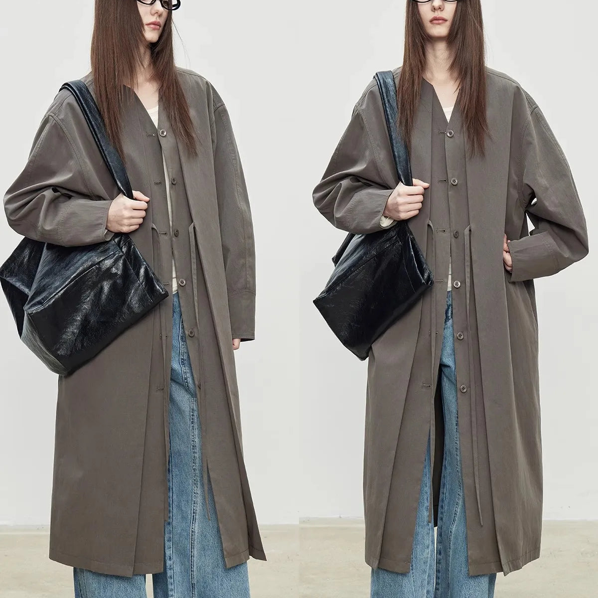 Lautaro Spring Autumn Oversized Long Flowy Soft Trench Coat for Women V Neck Elegant Luxury Designer Fake 2 Piece Clothes 2025