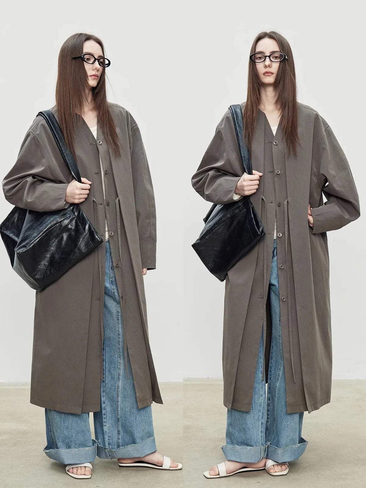 Lautaro Spring Autumn Oversized Long Flowy Soft Trench Coat for Women V Neck Elegant Luxury Designer Fake 2 Piece Clothes 2025