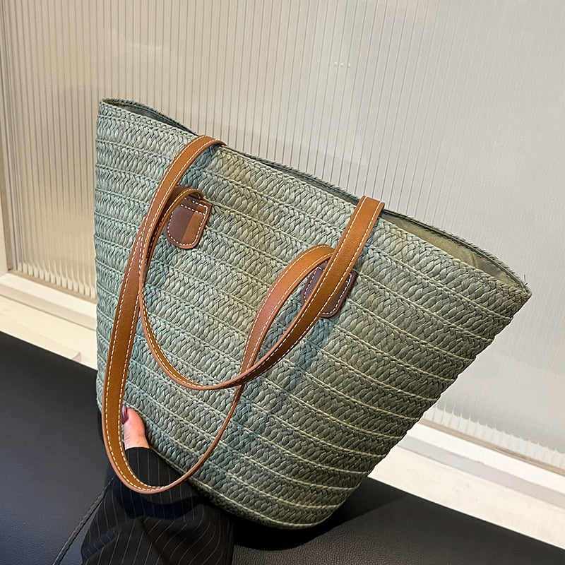Women Braided Basket Clutches Top-handle Bag Large Straw Portable Shoulder Bag Summer Beach Party Purses Shopper Satchel Female
