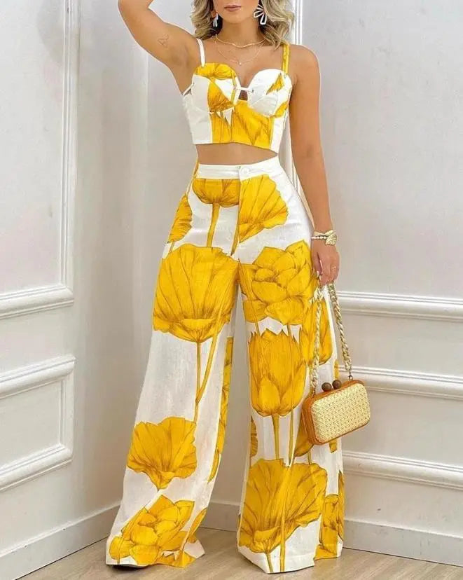 Two Piece Sets Womens Outifits Spring Fashion Plants Print Sleeveless Crop Cami Top & Casual Wide Leg Vacation Pants Set