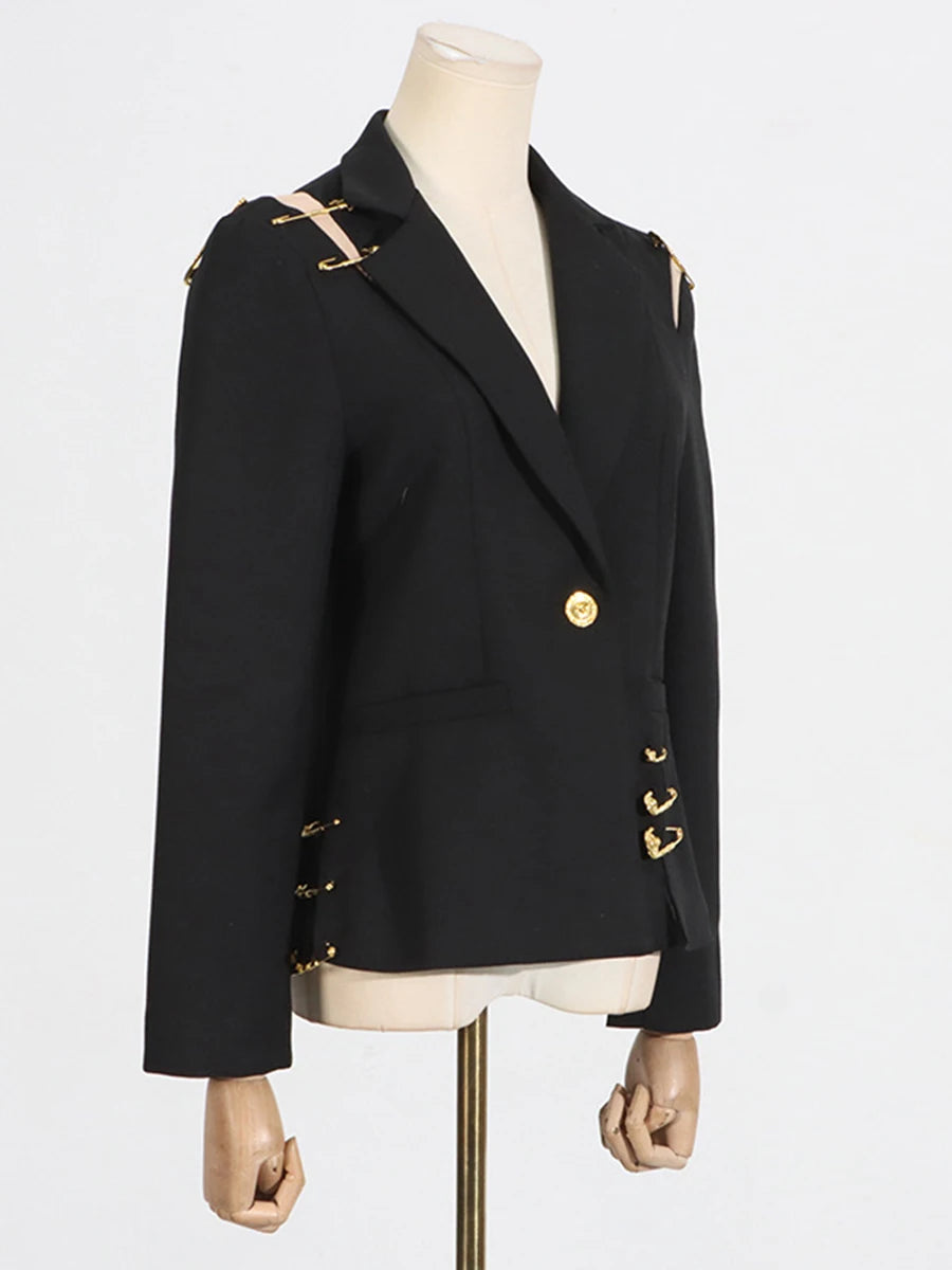 Slimming Spliced Paper Clip Elegant Jackets for Women Lapel Long Sleeves Patchwork Button Jacket Female Fashion New