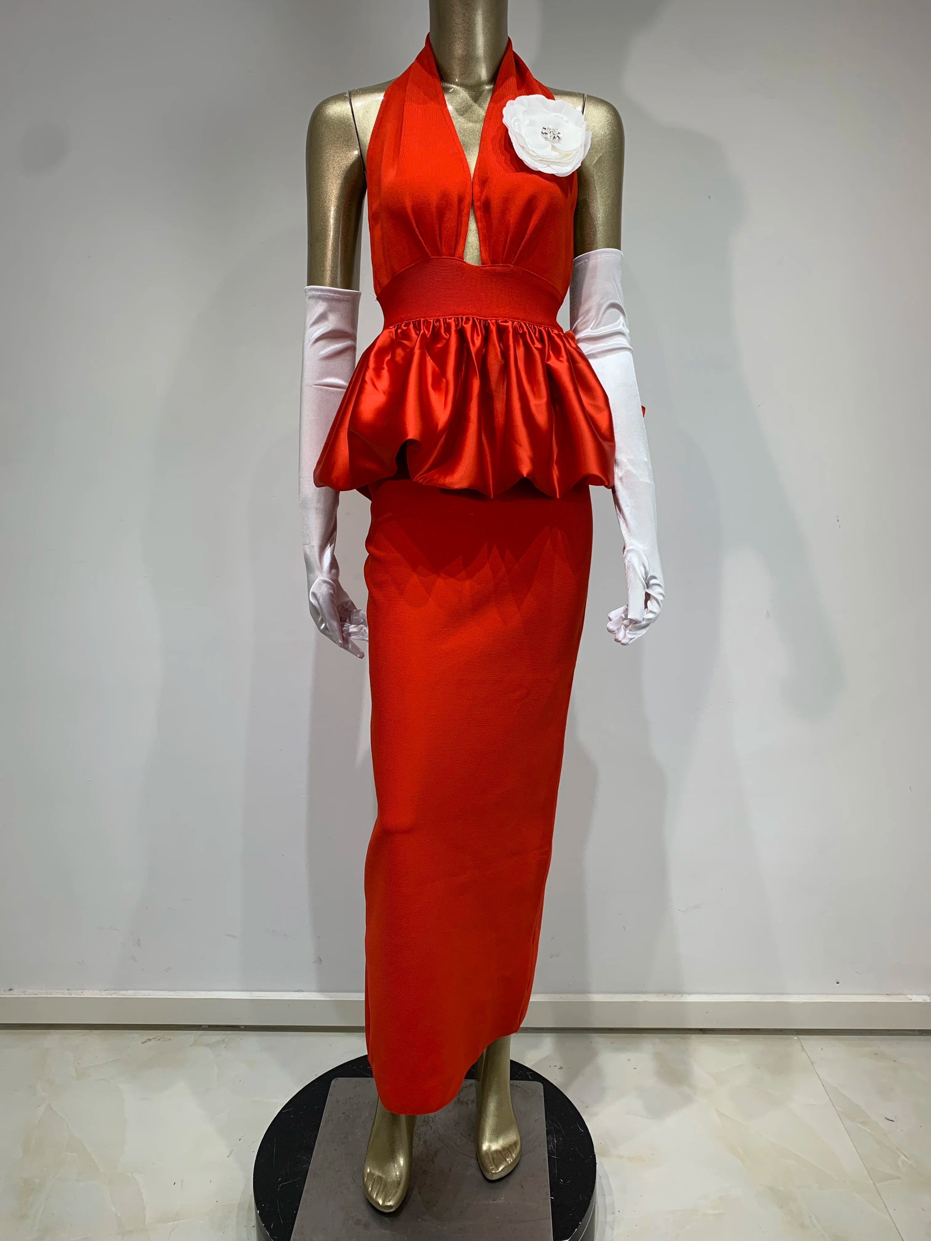 New Women Celebrity Sexy Halter Backless Red Flower Maxi Long Bodycon Bandage Dress 2025 Elegant Evening Club Party Dress