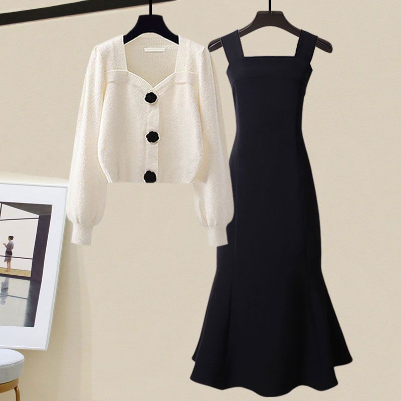 Women's 2024 Spring Autumn Fashion Knitted Sweater+Strap Dress Two-piece Korean Elegant New in Matching Sets Female Skirt Suit Set 01