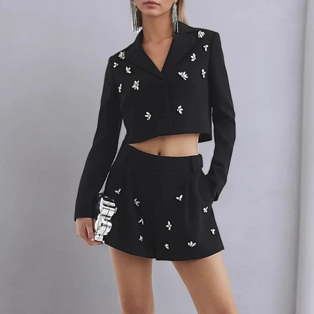 Solid Spliced Bead Two Piece Sets for Women Lapel Long Sleeves Patchwork Single Breasted Top Shorts Set Female New BLACK