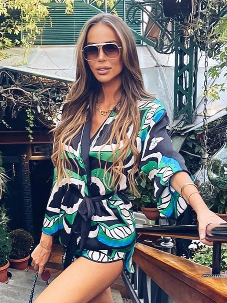 Foridol Oversized Green Print Boho Women Shorts Sets Shirts Shorts Pants Three Pieces Fashion Suits Matching Sets Summer