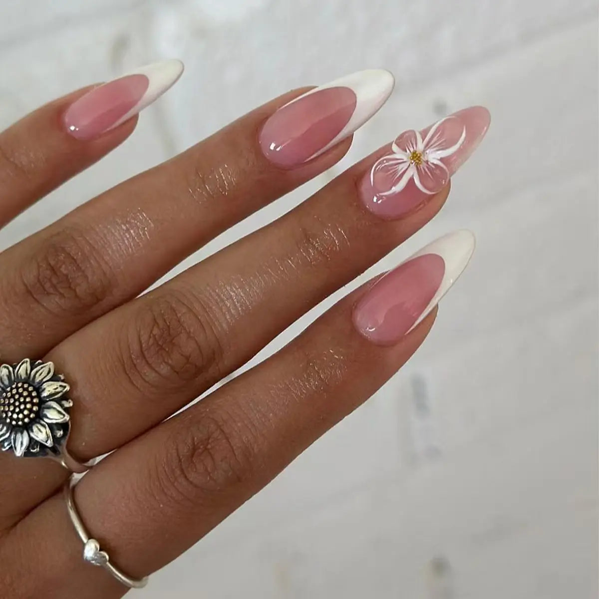 24pcs Pink French Press on Nails Spice Girl 3d Flowers Decor False Nails Wearable Reusable Crocodile Print Almond Fake Nail Tips Z4