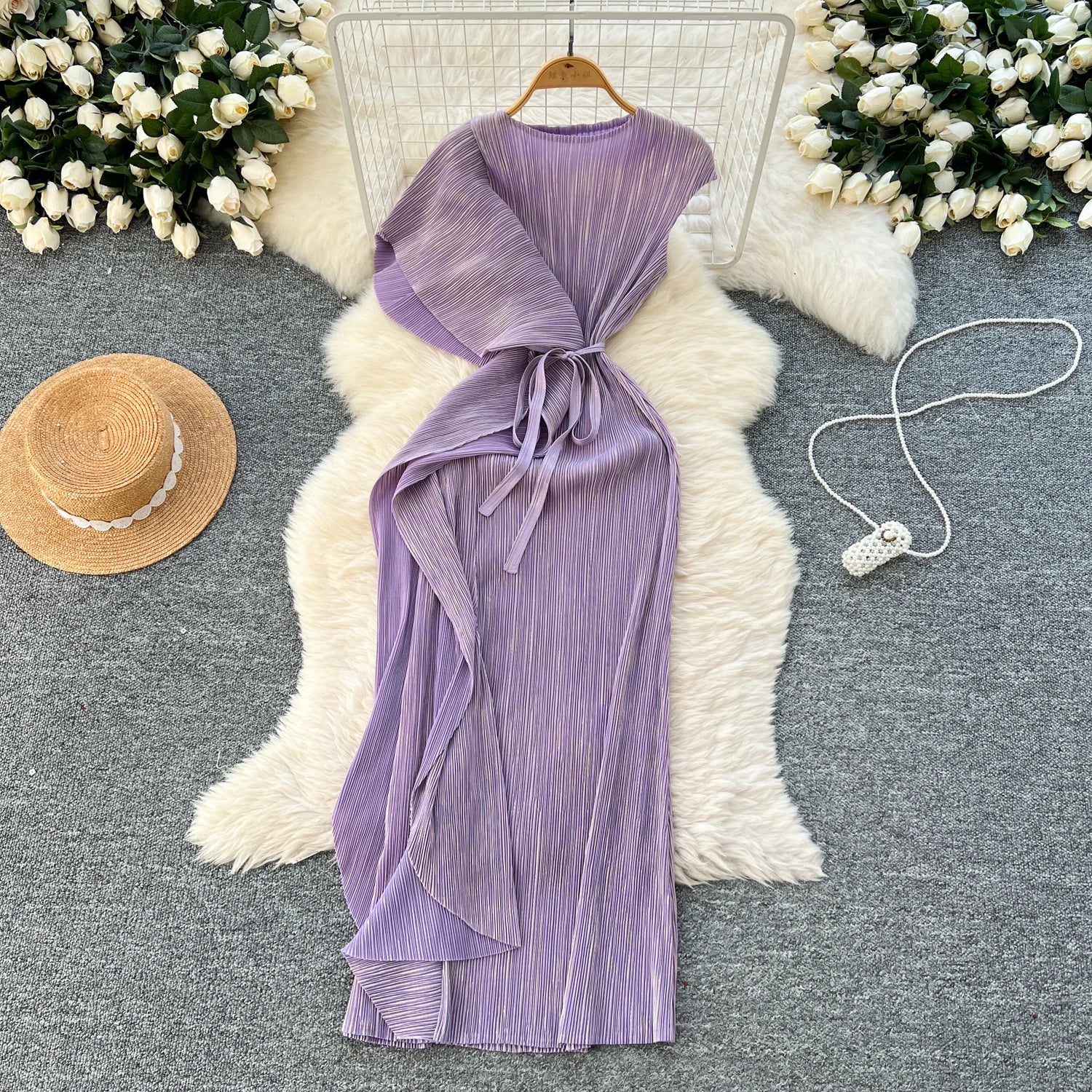 Chic asymmetrical sweet Spliced Elegant Korean Fashion Fairy Dresses Sexy High Waist A-line Vestidos Summer Women Vacation PURPLE One Size