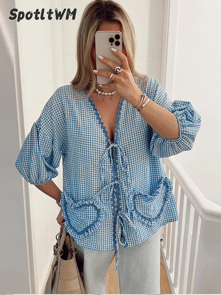 Fashion Plaid Ruffle Lace Up Shirt Women Sweet V Neck Half Puff Sleeve Heart Shaped Pocket Tops Female Loose Lady Street Blouse