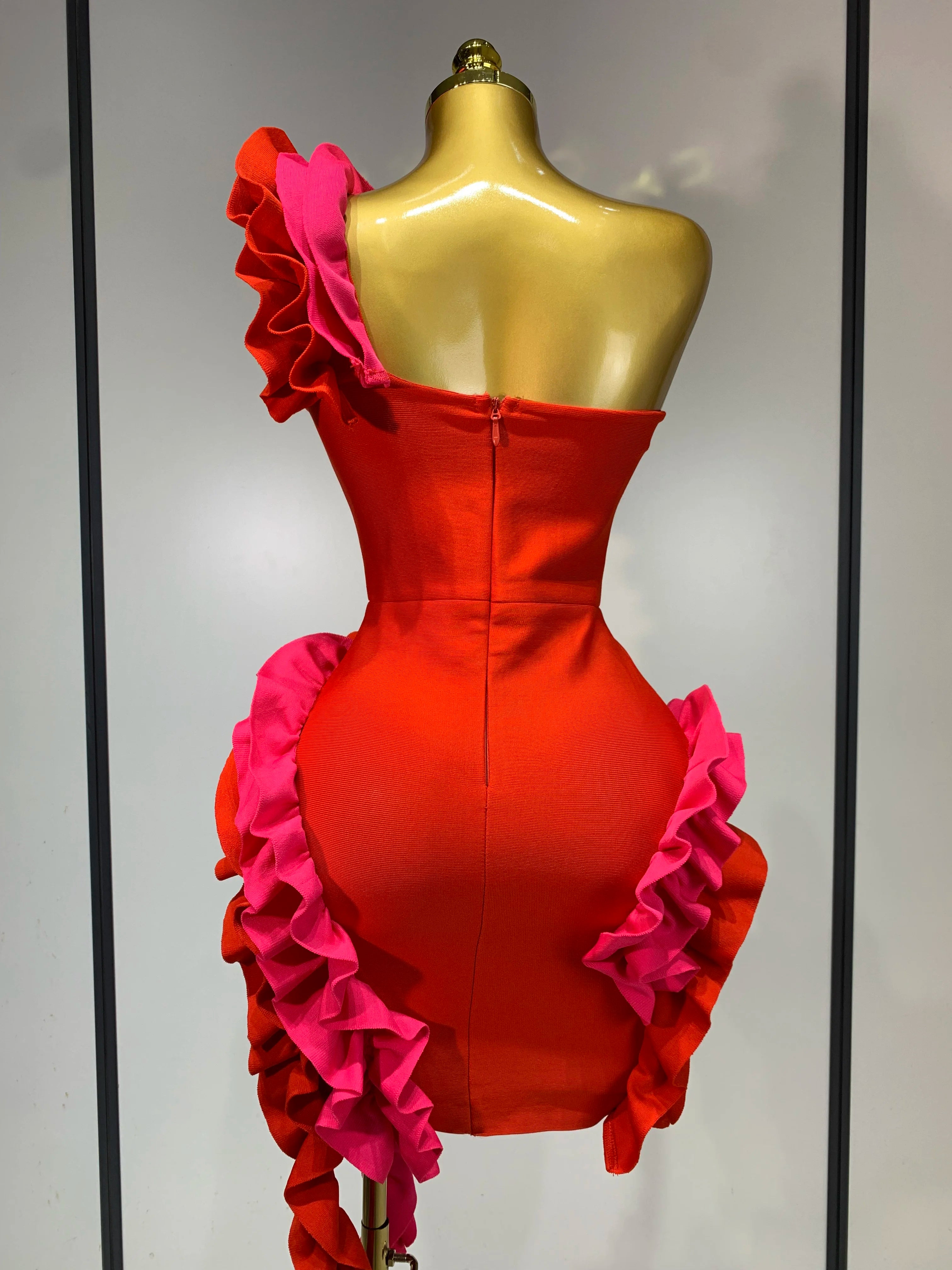 Women Sexy One Shoulder Red Ruffles Bodycon Bandage Dress 2025 Celebrity Elegant Evening Birthday Party Club Luxury Dresses