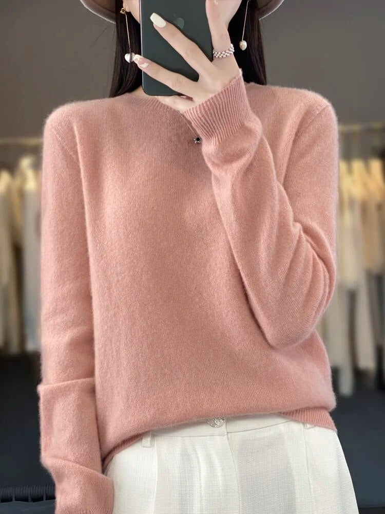 Women 100% Pure Merino Wool Knitted Sweater Autumn Winter Fashion O-Neck Top Cashmere Warm Pullover Seamless Jumper Clothes Pink