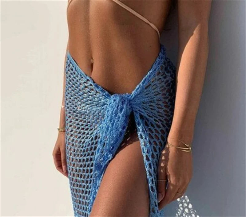Women Long Skirts Beachwear Summer Holiday Hollow Out Sexy Fishnet Skirt Y2K Fashion Tie Up Bandage See Through Maxi Outfits Mini Blue Skirt One Size