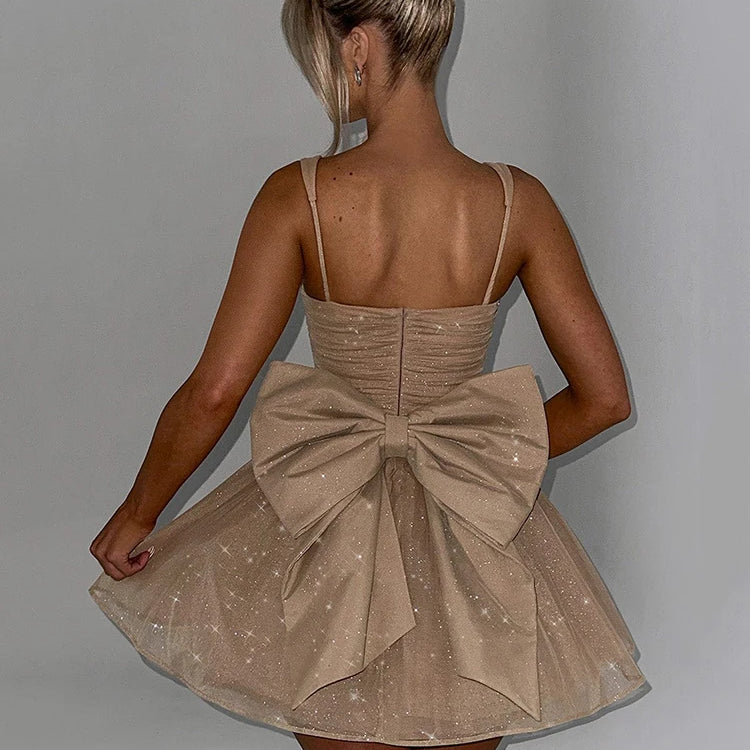 Bow Backless Sexy Mini Dress For Women Robe Spaghetti Strap Sleeveless Backless High Waist A-line Club Dress Vestido