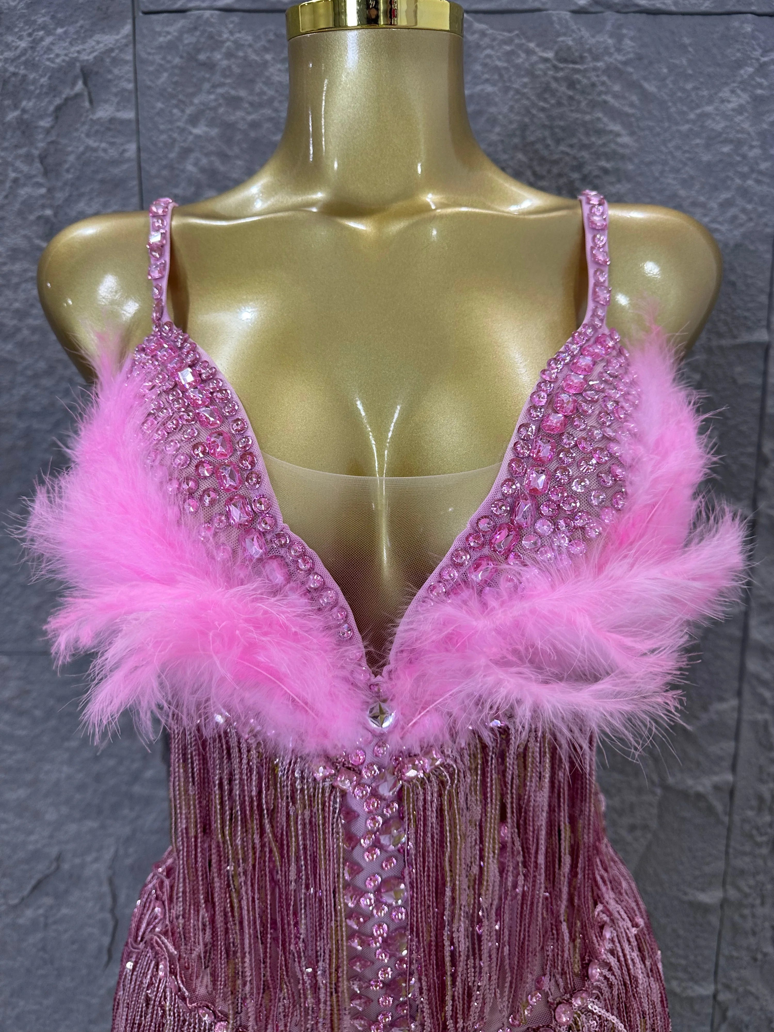 Opulent Pink Sparkly Rhinestone Feather Train Bodysuit Sexy Stage Performance Costume Singer Birthday Party Nightclub Outfit