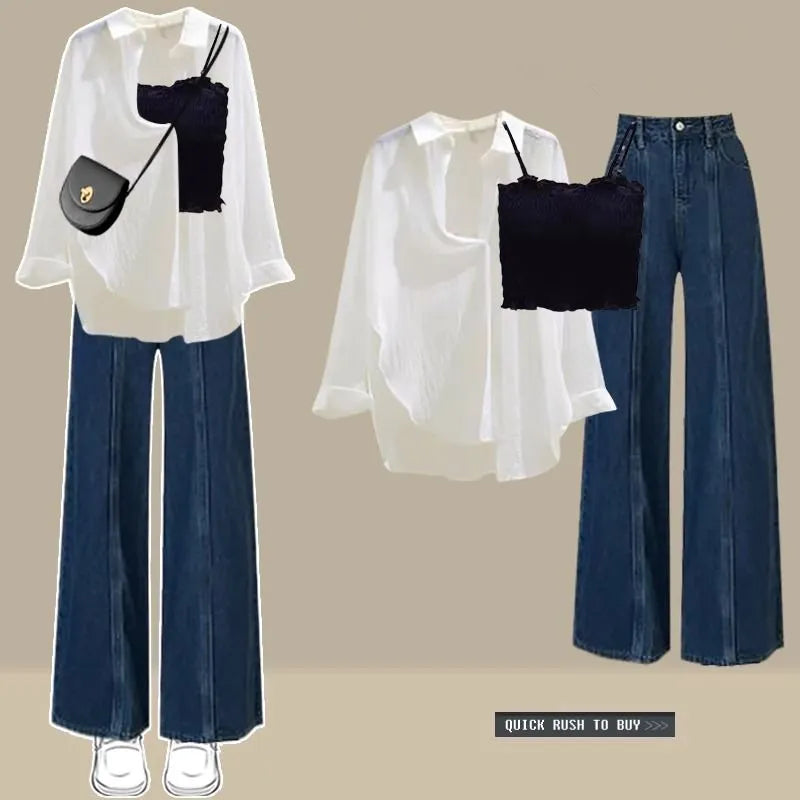 Women Wide Leg Denim Pants Spring Summer Casual White Thin Sun Shirt Sling Vest Jeans 3 Pieces Sets Lady Trousers Blouse Outfits Black Set