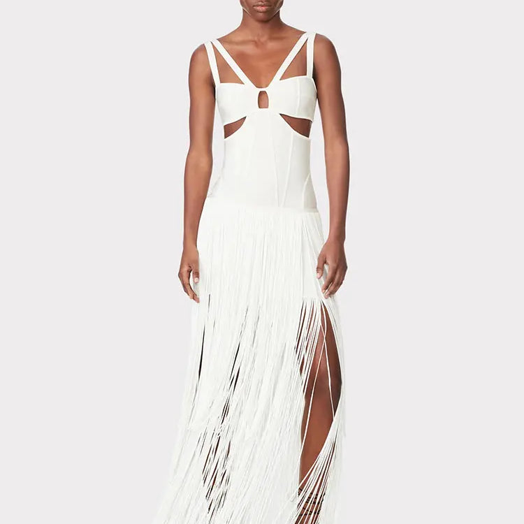 2024 Summer Sexy Tassel Bandage Dresses Women's Spaghetti Sleeveless Hollow Bodycon Long Dress Celebrity Evening Party Vesidos WHITE