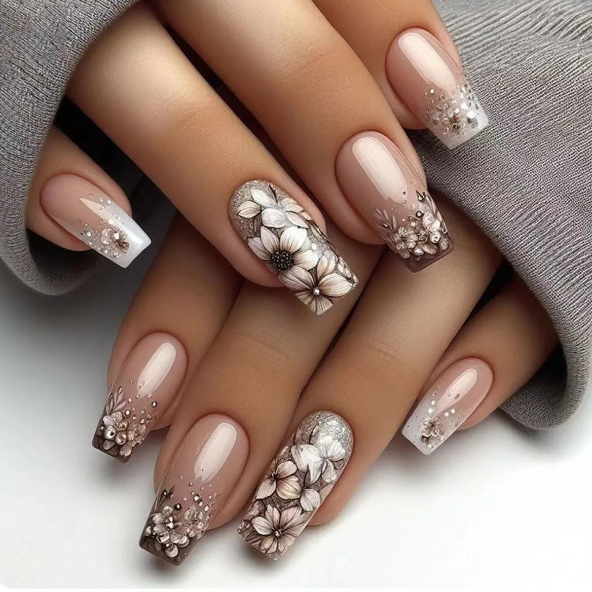 24Pcs Reusable Fake Nails Mid-length Ballet Press on False Nails with Flower Designs Fashion Pink Nails Set Detachable Nail Tips 04