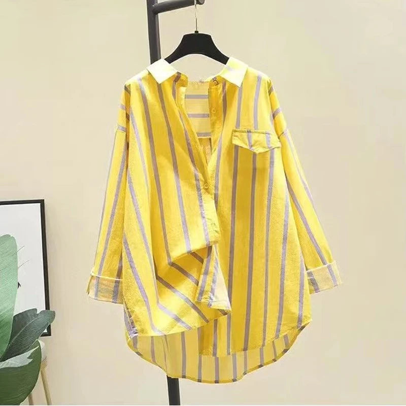 Two Piece Sets Striped Vintage Blouse Long Sleeve Shirts Suit Autumn Female Clothes Casual Pencil Pants Suit Women Clothing Shirt-Yellow