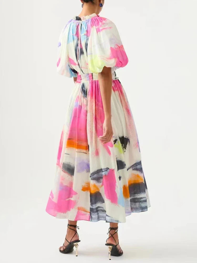 VGH Tie Dye Slim Dress Female Stand Collar Puff Half Sleeve High Waist Spliced Ruffles A Line Long Dresses Female Summer Clothes