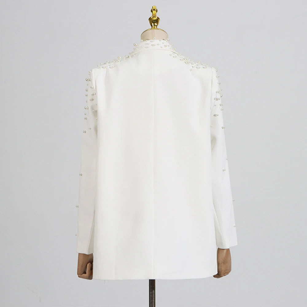 Solid Loose Spliced Appliques Elegant Jackets for Women Lapel Long Sleeves Patchwork Bead Luxurious Jacket Female