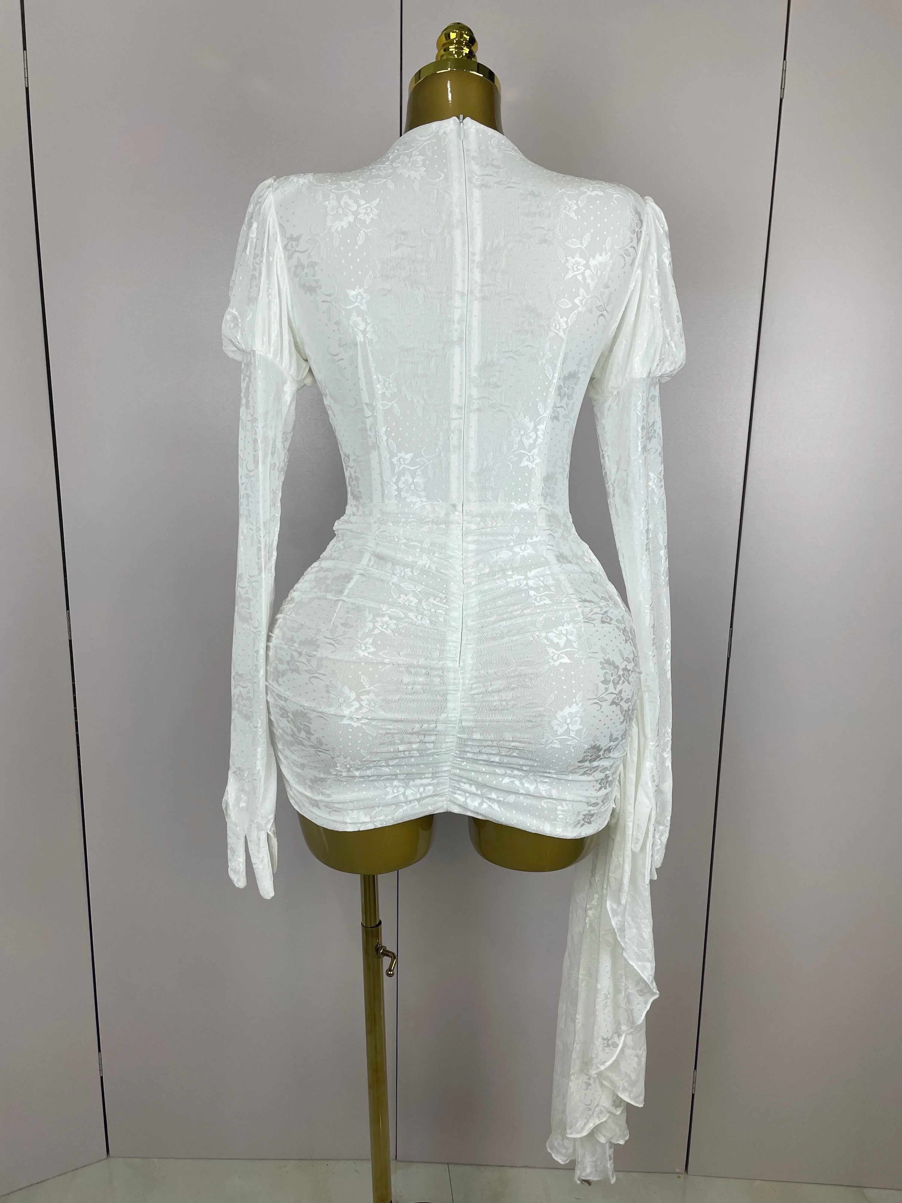 2025Women White Birthday Dress Fashion Long Sleeve O Neck Cut Out Bodycon Mini Trailing One Piece Celebrity Evening Club Dresses