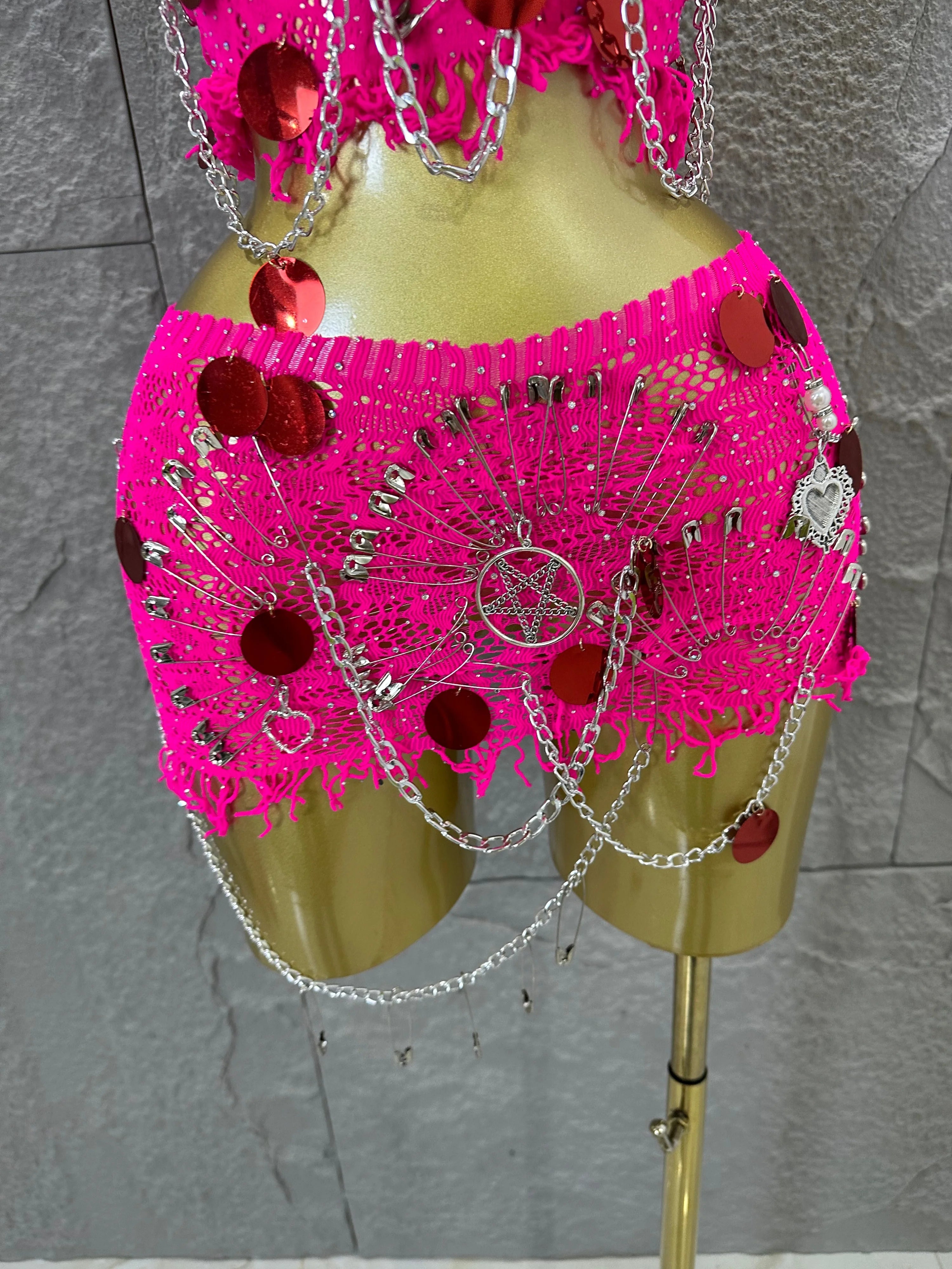 Women Sexy Safety Pin Lace Two Piece Set Halter Neck Sequin Embellished Crop Top & Mini Skirt Outfit Stage Performance Costume