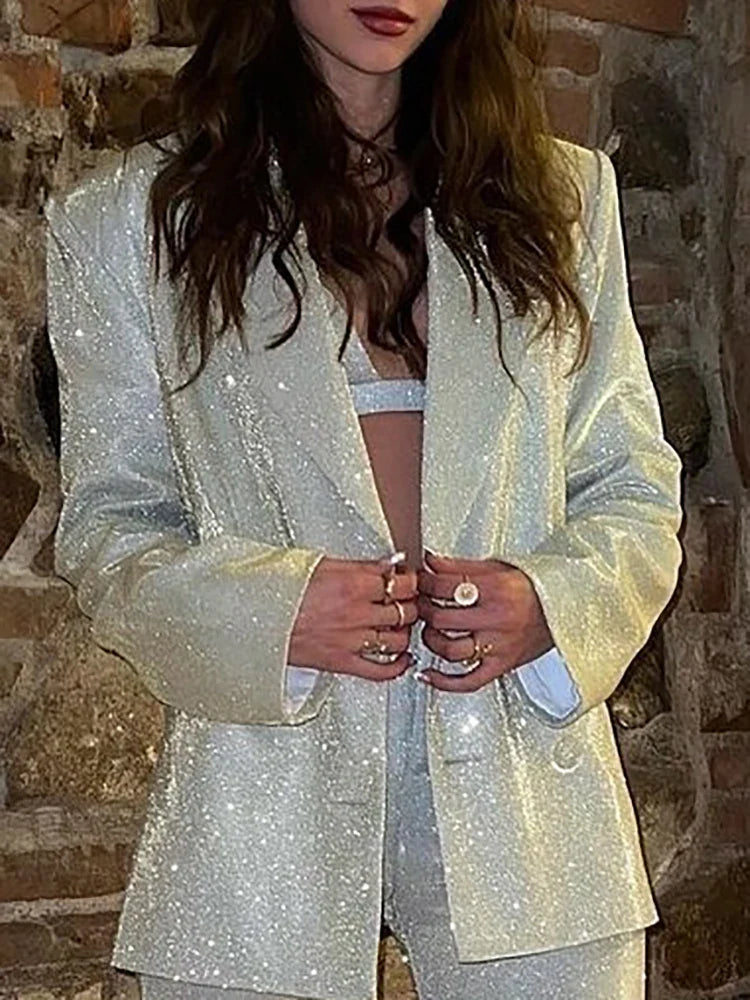 Fantoye Turn-down Collar Sequins Women Blazer Sets Silver Long Sleeve Tops Casual Pants Women Spring Loose Fashion Streetwear Coat