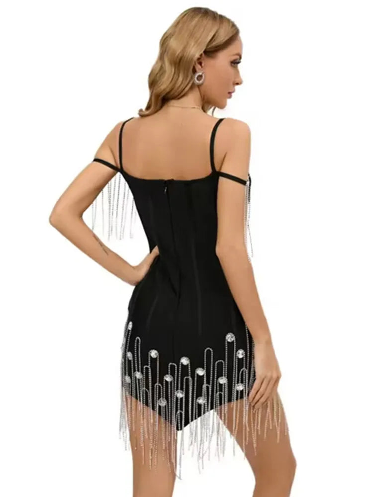 Women Celebrity Sexy Off Shoulder Diamonds Crystal Sparkly Black Bodycon Bandage Dress 2024 Elegant Evening Club Party Dress