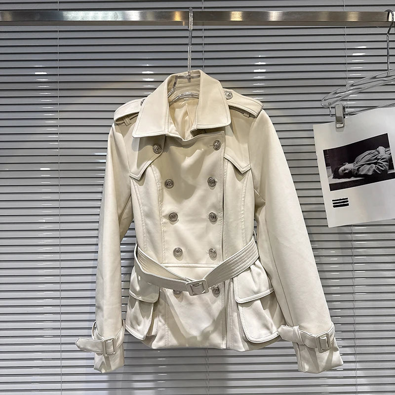 Winter New Fashion Style Double-Breasted Lace-Up Waist PU Leather Jacket For Women Elegant Windbreaker Female 11A07478 Creamy-white