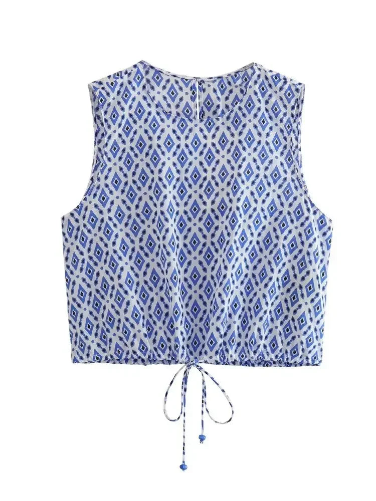 TRAF Women Plaid Print Tops Pants Sets Fashion Summer New Female O-Neck Sleeveless Drawstring Short Top+High Waist Long Trousers