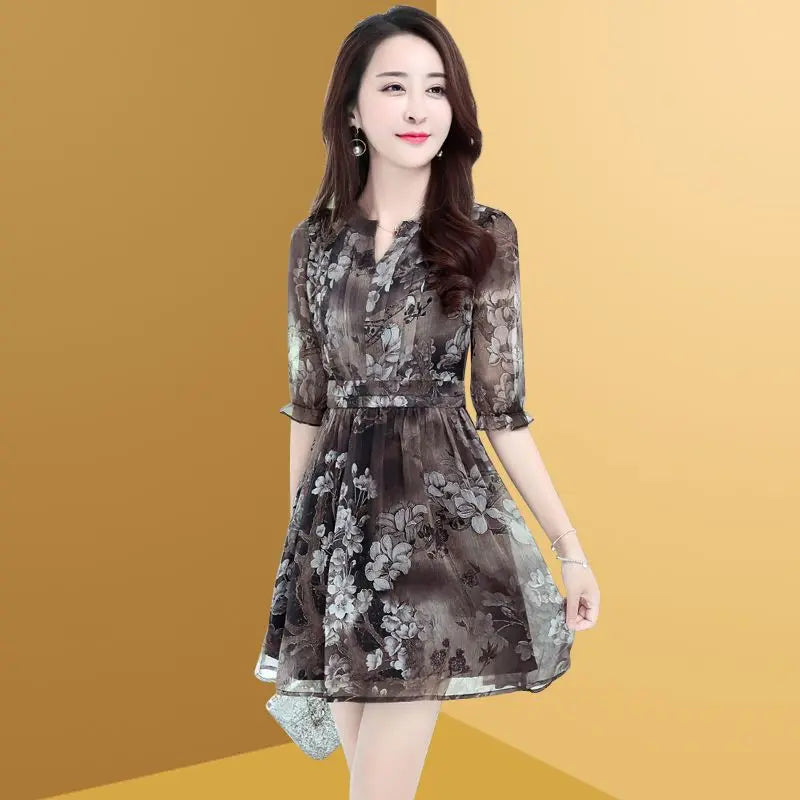 Elegant Printing Spliced Folds Chiffon Floral Dress Women Clothing 2024 Summer New Loose Office Lady Butterfly Sleeve Mini Dress black GRAY
