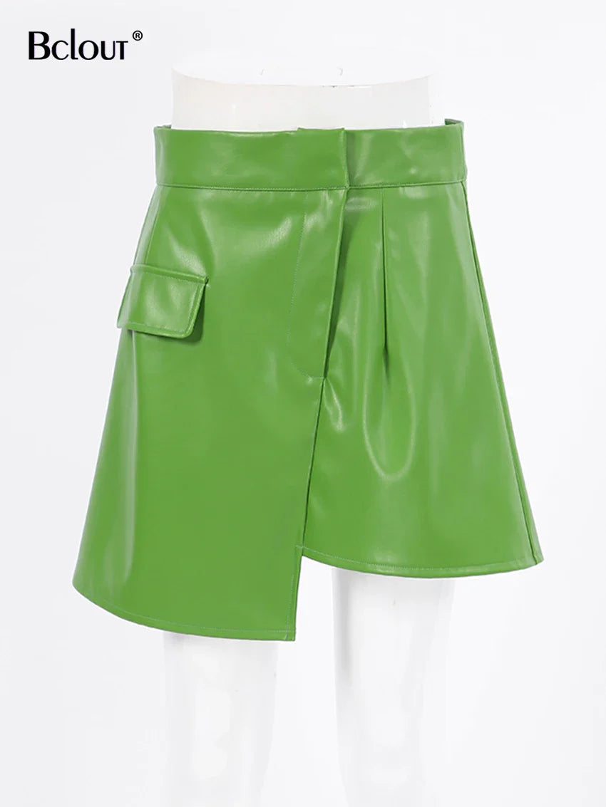 Bclout Autumn Green Leather Skirts Womens 2022 Elegant High Waist Office Lady Patchwork Mini Skirt Fashion Sexy Short Skirts Y2k