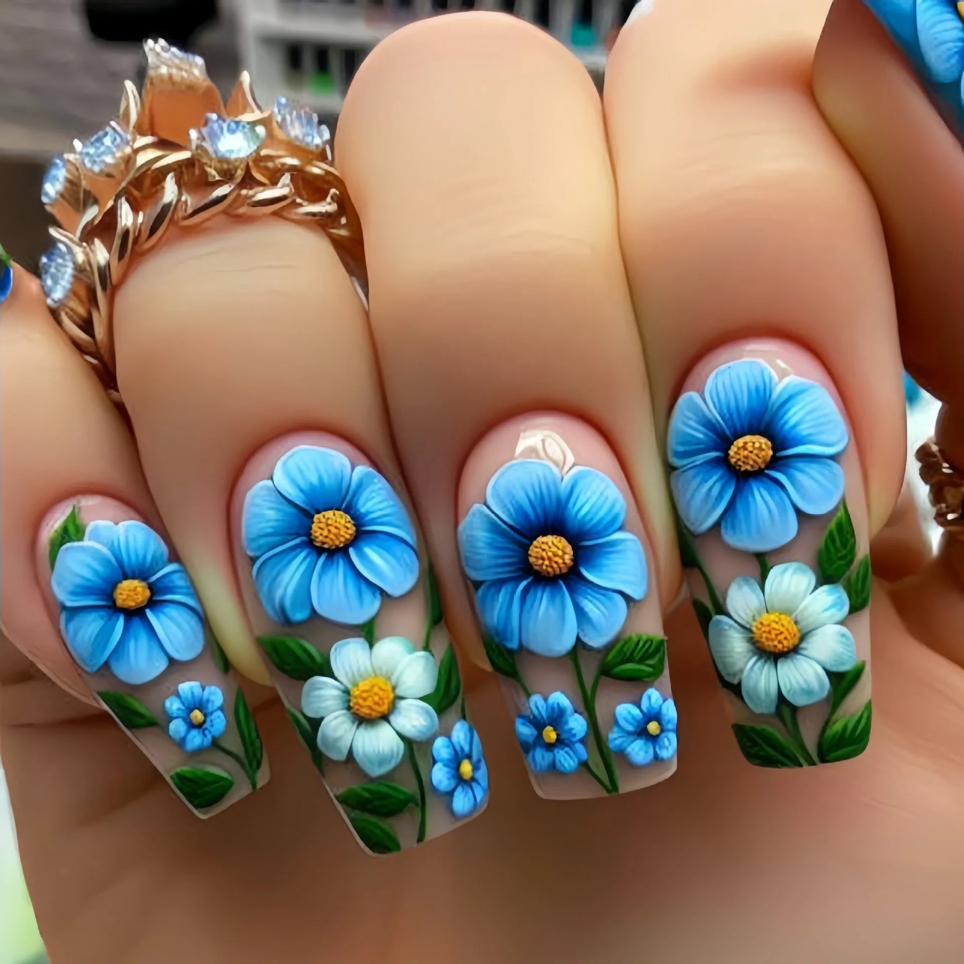 24Pcs Press on Nails Mid-length Square Head Blue Coffin Fashionable Nail Patch Flowers Spring Design Wearable Finished Manicure 2