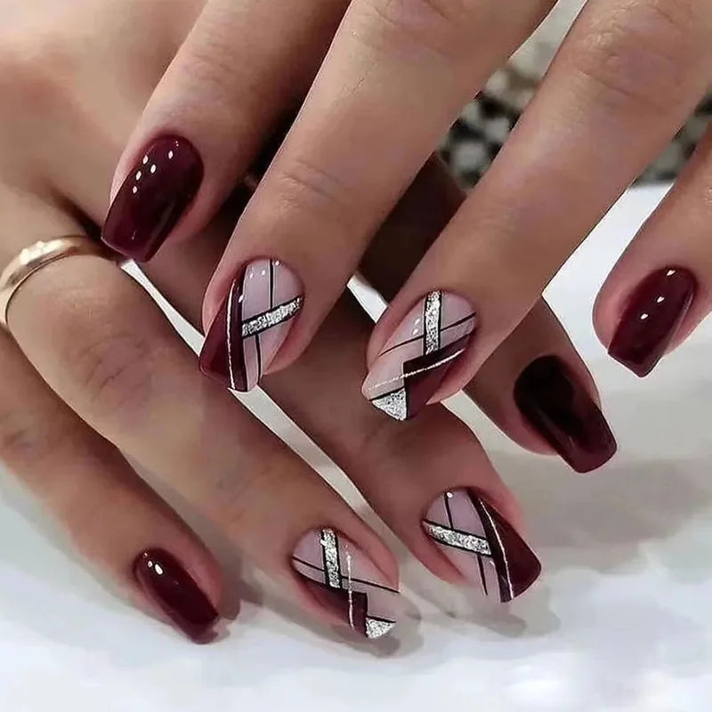 24Pcs Glitter Fake Nail Art with Sequin Design Mid-length Square Head False Nails Tips Retro Wine Red Wearable Press on Nails 676
