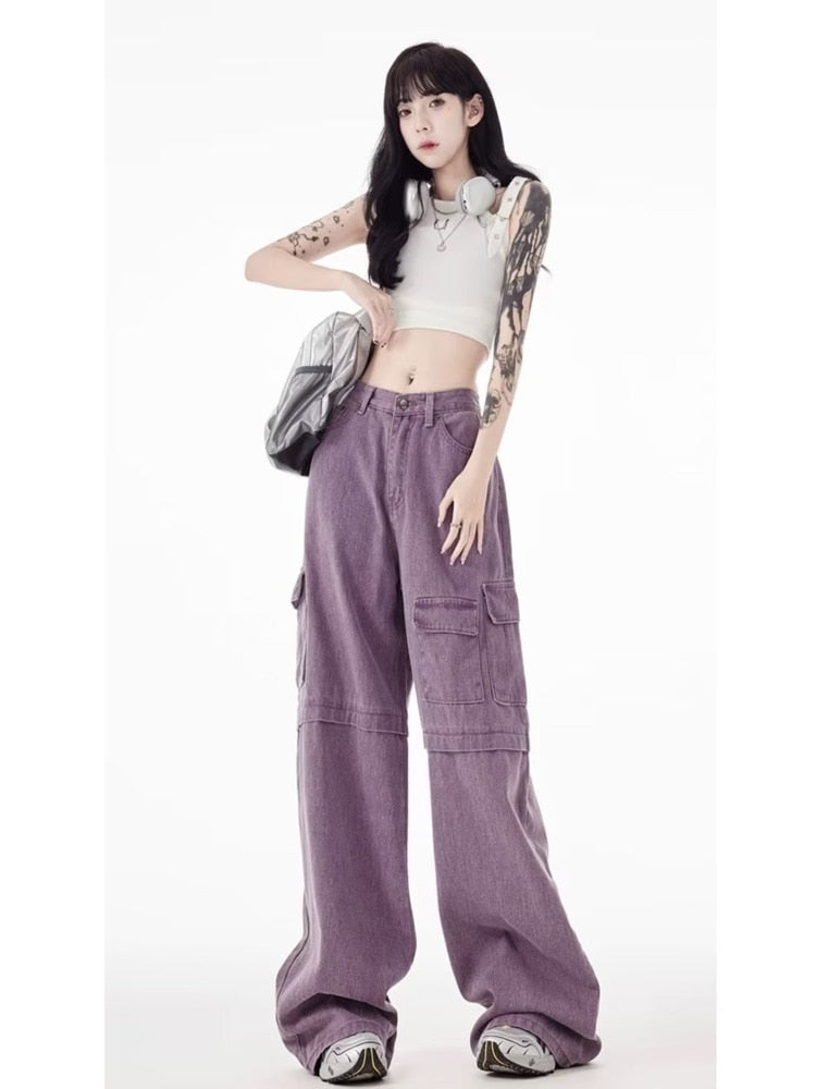 Vintage Purple Cargo Pants New Multi Pocket High Waist Casual Loose Drag Thin Wide Leg Pants Women's Jeans