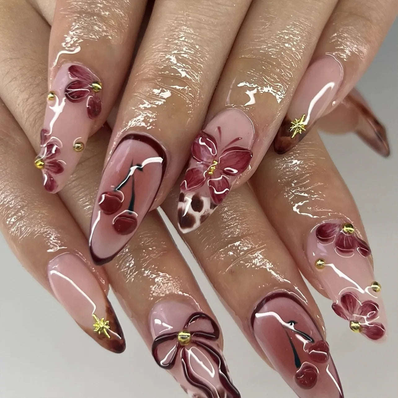 24Pcs Mid-length Almond Press on Fake Nails with 3D Flower French Leopard Print False Nails Pearl Wearable Full Cover Nails Tips JP3856