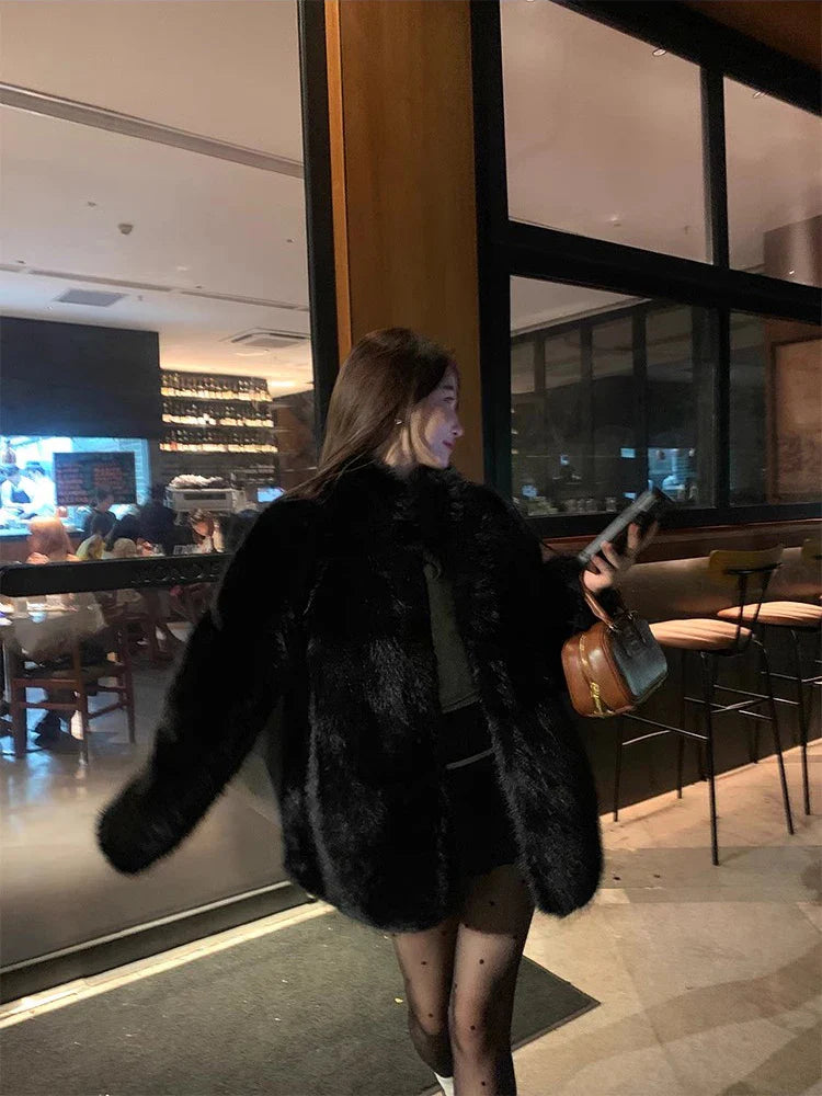 Autumn Winter Black Soft Thick Warm Hairy Shaggy Faux Fox Fur Coat Women Stand Collar Long Sleeve Fluffy Jacket 2023 Black