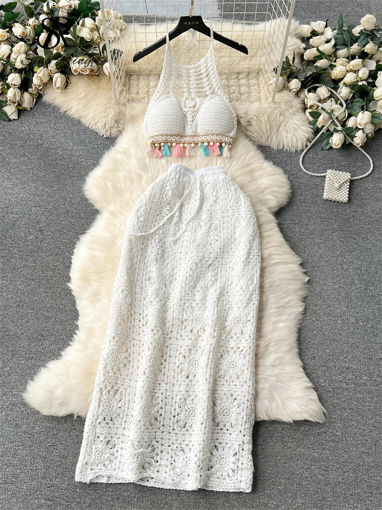 SINGREINY Fashion Knitted Two Piece Sets Halter Tassel Short Sexy Top+Hook Flower Retro Skirt Bohemian Vacation Beach Style Suit white One Size