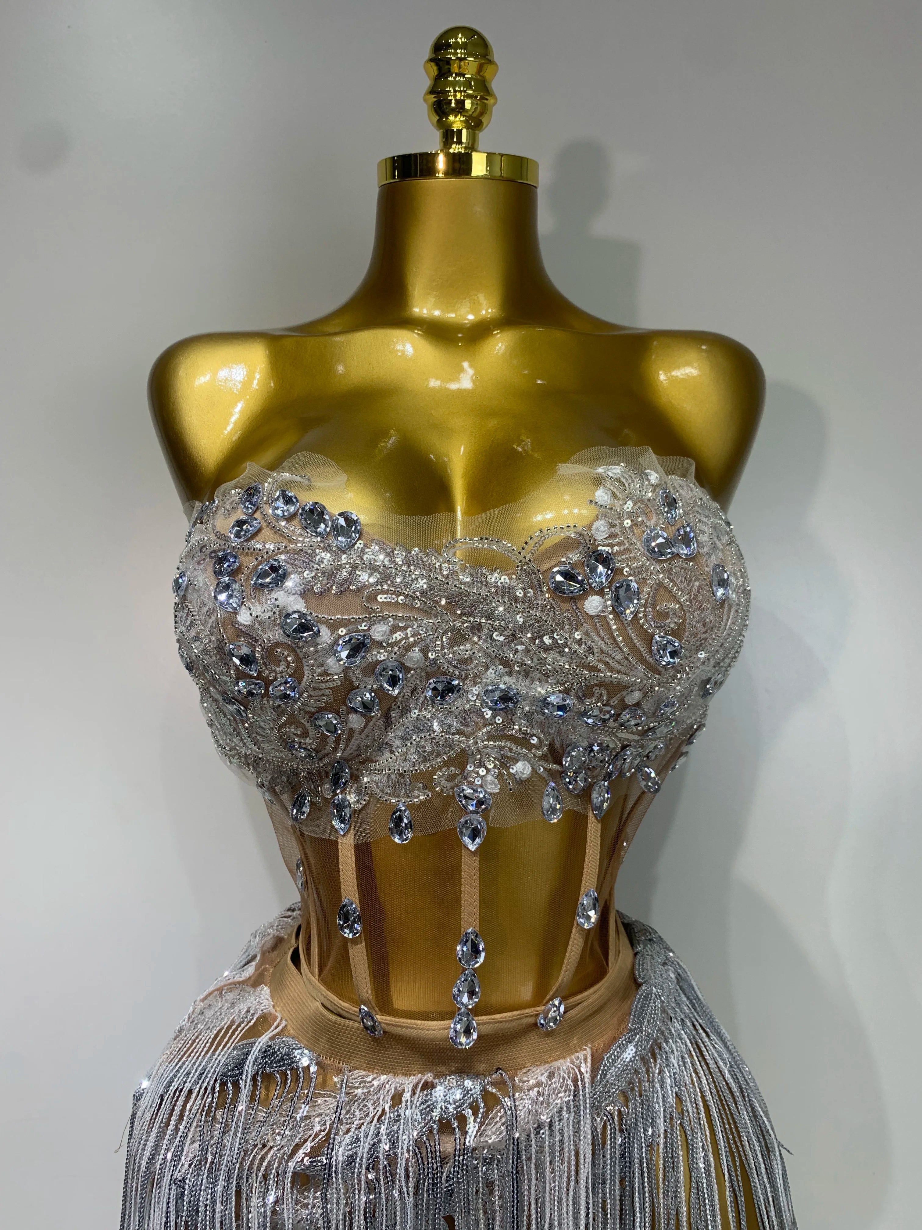 Women Sexy Singer Dancer Performan Costume Nightclub Bar Girl Sparkly Diamond Tassel Two Piece Set Evening Party Birthday Outfit