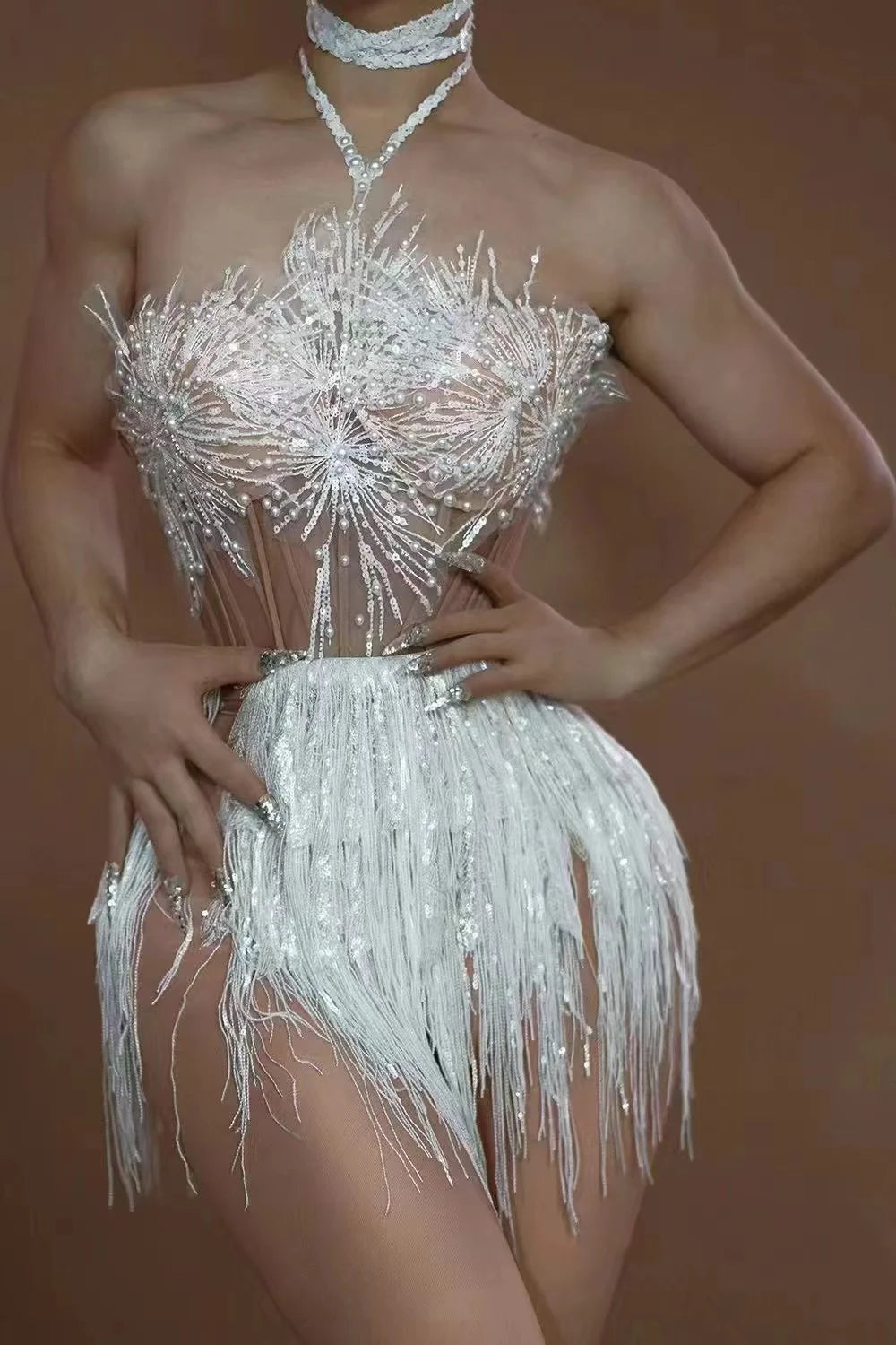 Shinning Sequins Tassels Sexy Halter Off the Shoulder 2 Pieces Bodycon Mini Dress Fashion Nightclub Party Performance Costume