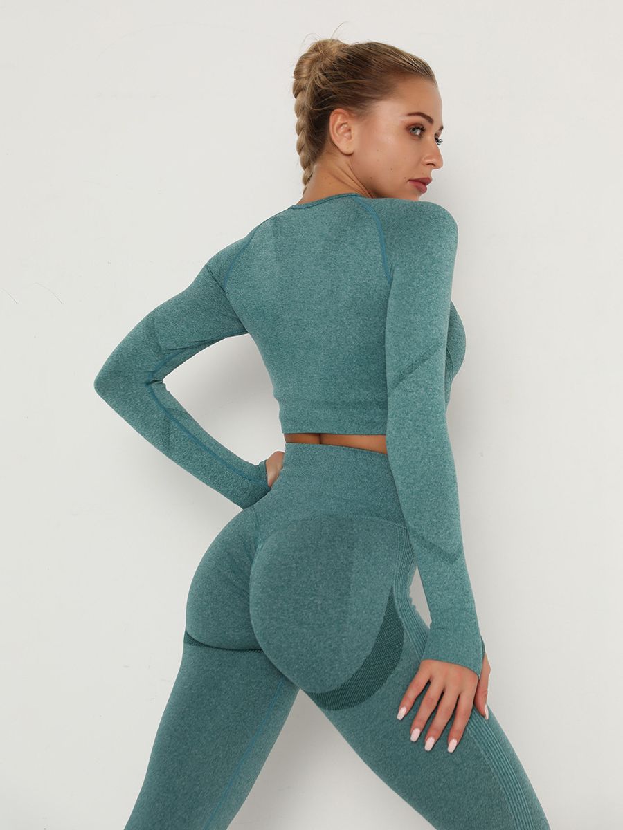 Women's Sets Skinny Tracksuit Breathable Bra Long Sleeve Top Seamless Outfits High Waist Push Up Leggings Gym Clothes Sport Suit New Set Green