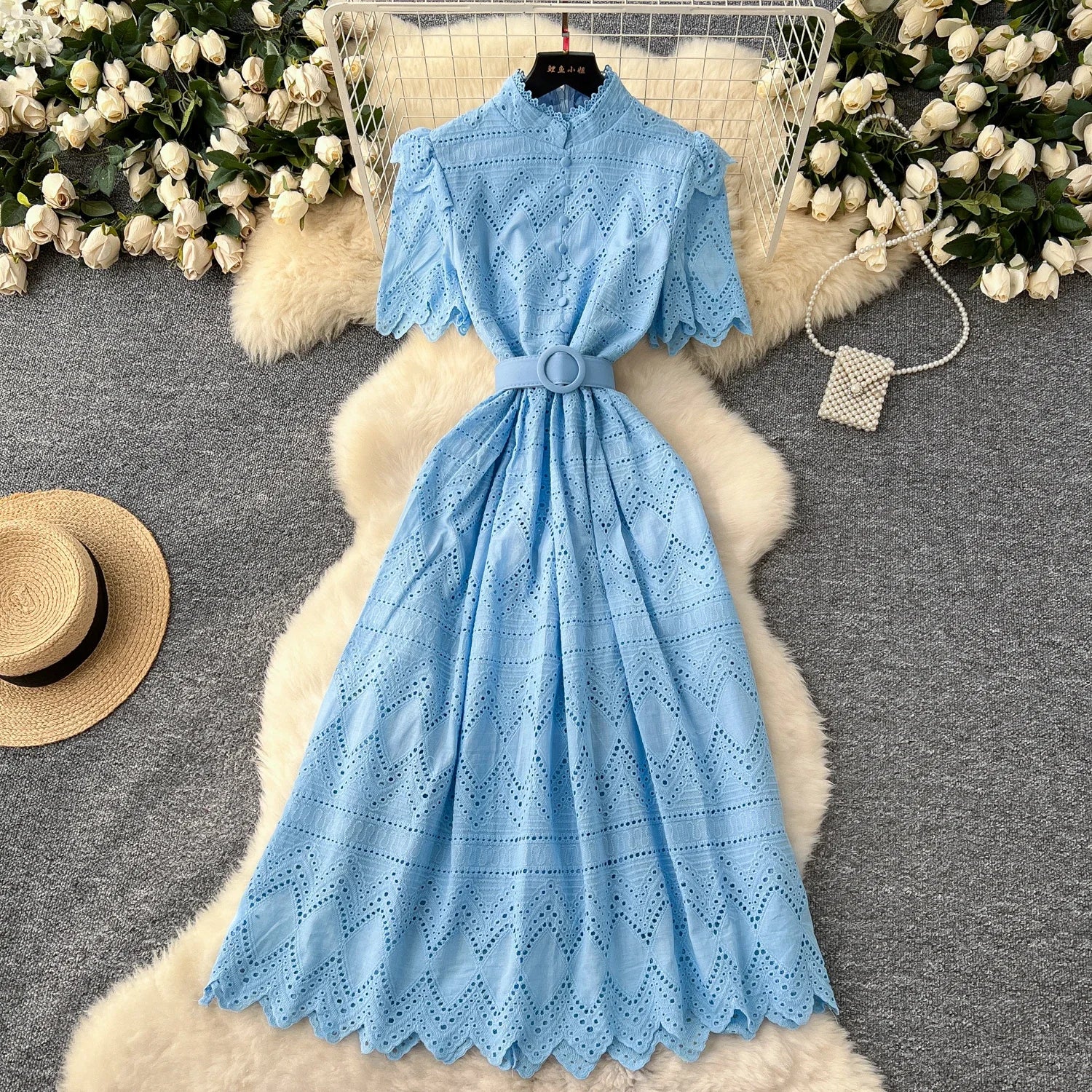French Vintage O-neck sashes Hook flower hollow Short Sleeves Single Breasted Dress A-line Casual Women Fashion women clothing Blue