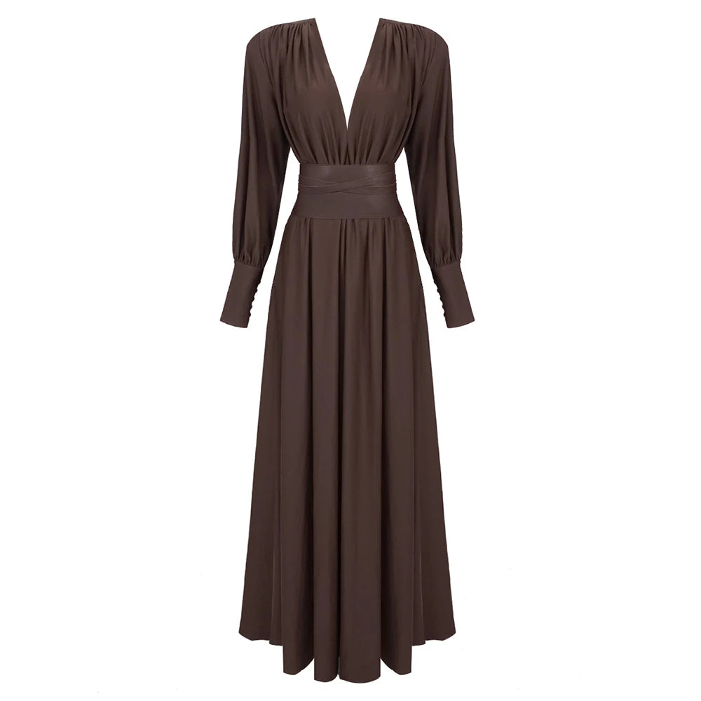 2024 Spring Fashion Dresses For Women Plunging V Neck High Waist Belt Long Sleeves Wedding Party Dress Brown Gowns Brown