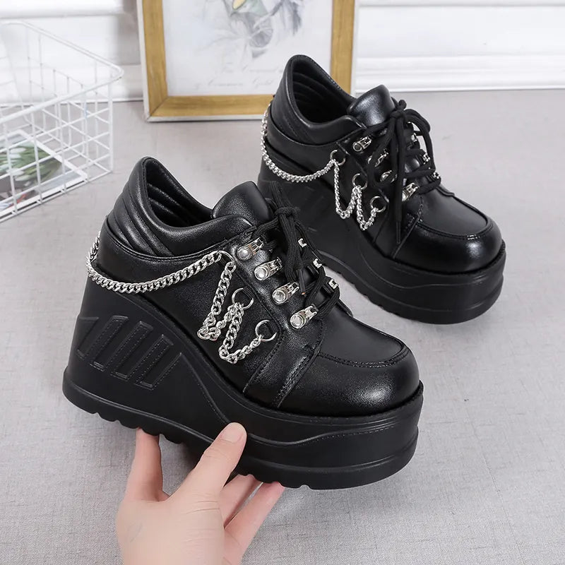 Women Pumps Metal Decoration Platform Flat Heel Female Shoes Ladies Wedge Lolita Gothic Harajuku Punk Footwear