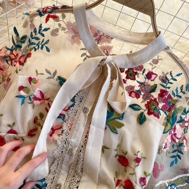夏新着女性ヴィンテージメッシュ花刺繍マキシドレスレディースレトロ弓 A ラインスリムパーティードレスプラスサイズ